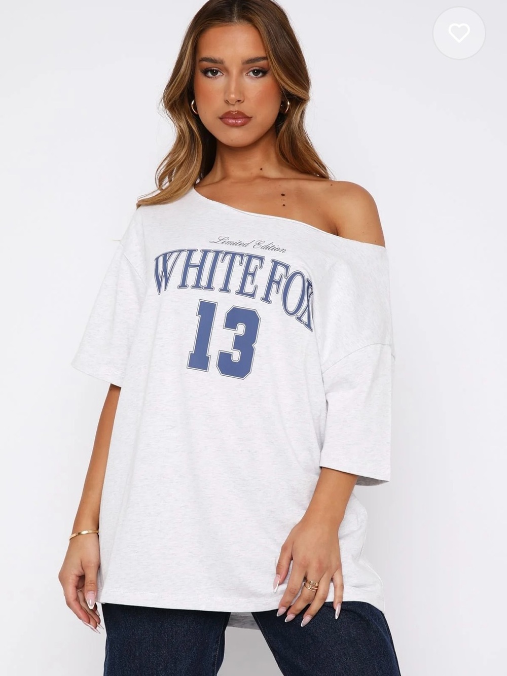 White Fox Oversized “everything in time” off the shoulder tee shirt